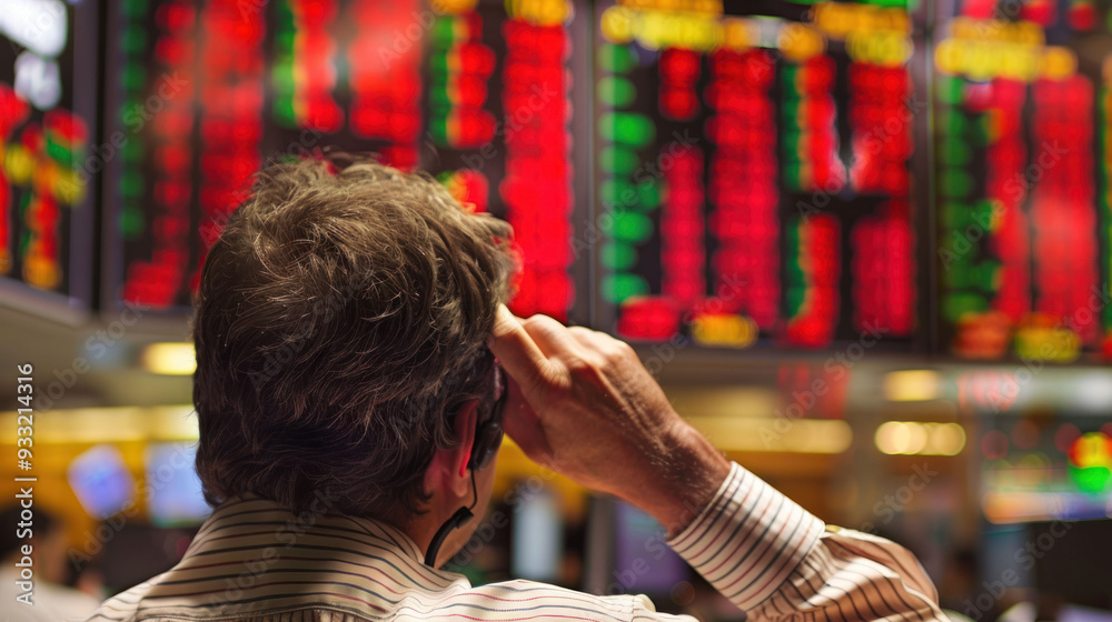 Aufkleber A trader looks concerned while monitoring stock market fluctuations on screens filled with red numbers. 