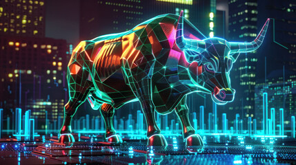 A vibrant digital bull stands confidently amidst futuristic cityscape, symbolizing strength and optimism in financial market. 