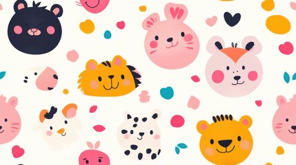 Colorful and playful animal faces pattern, perfect for children's products, crafts, or classroom decor.