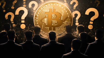 a crowd of black silhouetted men in suits in an undecided pose expressing confusion and thought; above them a large bitcoin logo with a number of question marks around it