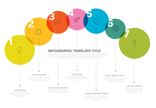 Seven steps in rainbow circles infographic template for process description