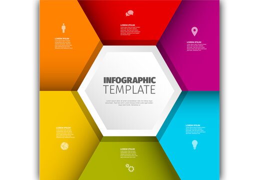 Multipurpose template with six sections and big hexagon in the middle with icons and text placeholders