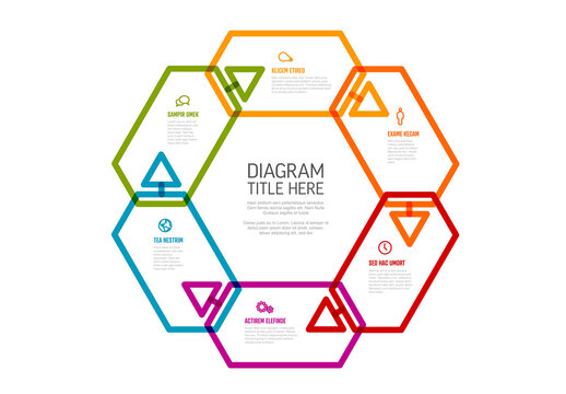 Thick line cycle infographic template made from six color hexagons with arrows