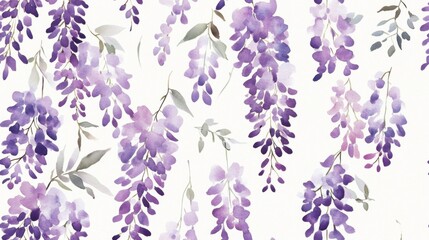 Beautiful watercolor illustration of cascading wisteria flowers in shades of purple, perfect for floral design and decoration.