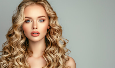 Naklejka premium Glamorous beauty fashion model with make-up, clear skin and blond long shiny wavy hairstyle. Hair care, coiffure and cosmetic concept