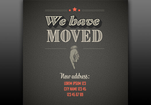 We are moving minimalistic dark retro vintage flyer template with iconic hand