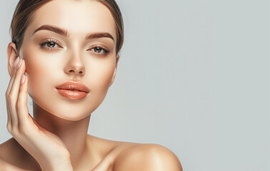 Fototapeta premium Glorious young woman face with fresh smooth skin close-up against studio wall background, fashion beauty portrait