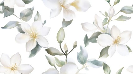 Fototapeta premium A delicate floral pattern featuring elegant white flowers and soft green leaves on a light background.