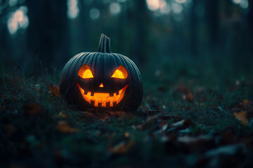 Fototapeta premium Halloween pumpkin with a glowing face on the grass in a dark forest at night 