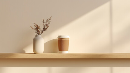 Fototapeta premium Mockup empty brown paper coffee cup on minimalist cafe shelf