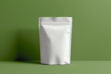 Mock up white standing pouch. Green wall background