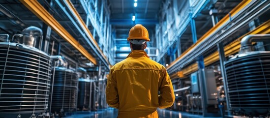 Fototapeta premium Industrial Worker in Safety Gear Inspecting Modern Factory with Advanced Machinery and Equipment