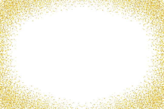 Gold glittering dots border frame isolated on transparent background. Vector shining particles. Sparkles dust powder with copy space. Gold glitter backdrop Celebratory texture. Party design elements