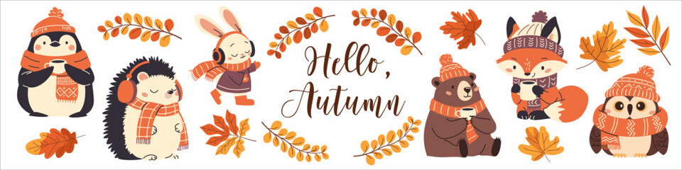 Cute set of vector illustrations in children's style. Autumn animals fox fox penguin hare bear owl and hedgehog in warm scarves and hats, wearing headphones, drinking tea. Autumn leaves, lettering © Alena