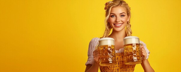 Background with beautiful woman waitress holding big mugs of beer and copy space. Oktoberfest celebration. Beer festival. German dirndl