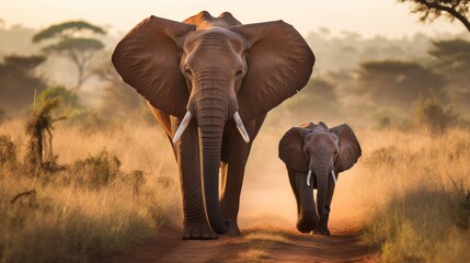 Obraz premium Elephant mother and calf walking at sunset in grassland, serene beauty of large and small elephants