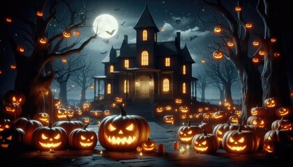 Halloween night 3D render featuring a sinister haunted house with eerie glowing windows, evil pumpkins with menacing faces, and a misty, dark forest, creating a spooky banner background