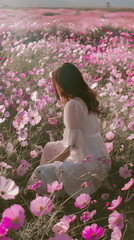 Naklejka premium Tears of joy as woman kneels in field of pink flowers, breast cancer survivor 