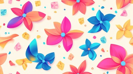 Vibrant and colorful floral pattern featuring playful paper-like flowers and geometric shapes on a light background.