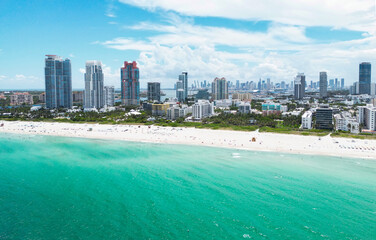 Miami cityscapes. Skyline of Miami Beach from top. Miami beach coastline. Panoramic view of Luxury condos in Miami Beach Florida. Aerial View of Surfside Beach.