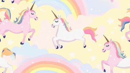 Obraz premium A whimsical pattern featuring colorful unicorns and rainbows, perfect for children's decor, crafts, and fantasy-themed designs.