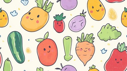 Fototapeta premium Playful illustration of smiling fruits and vegetables on a light background, perfect for children's decor and playful designs.