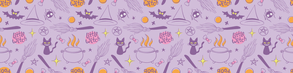 Halloween seamless pattern with good little witch symbols - cat, bat, broom, witch hat, pentagram and cauldron. Power girls theme. Cute holiday kids decor