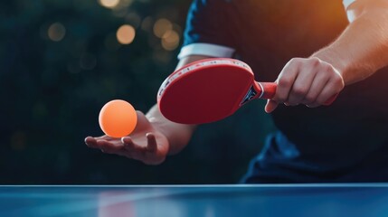 Close-up of table tennis player doing a serve, focus on the red racket and ball, with a blurred background.