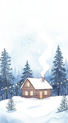 Fototapeta premium Cozy cabin in the snow, smoke rising from chimney, pine trees, festive lights, Watercolor style