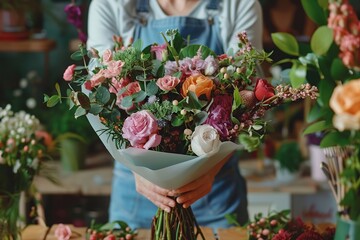 Female florist wrapping in craft paper bouquet of rose flowers in flower shop
