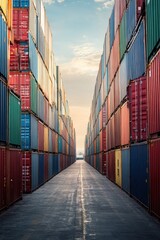 Fototapeta premium Colorful Stacked Shipping Containers in a Row at a Port with a Clear Sky in the Background