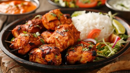 Fototapeta premium Delicious chicken tikka served in a comfortable eating area with rice and salad