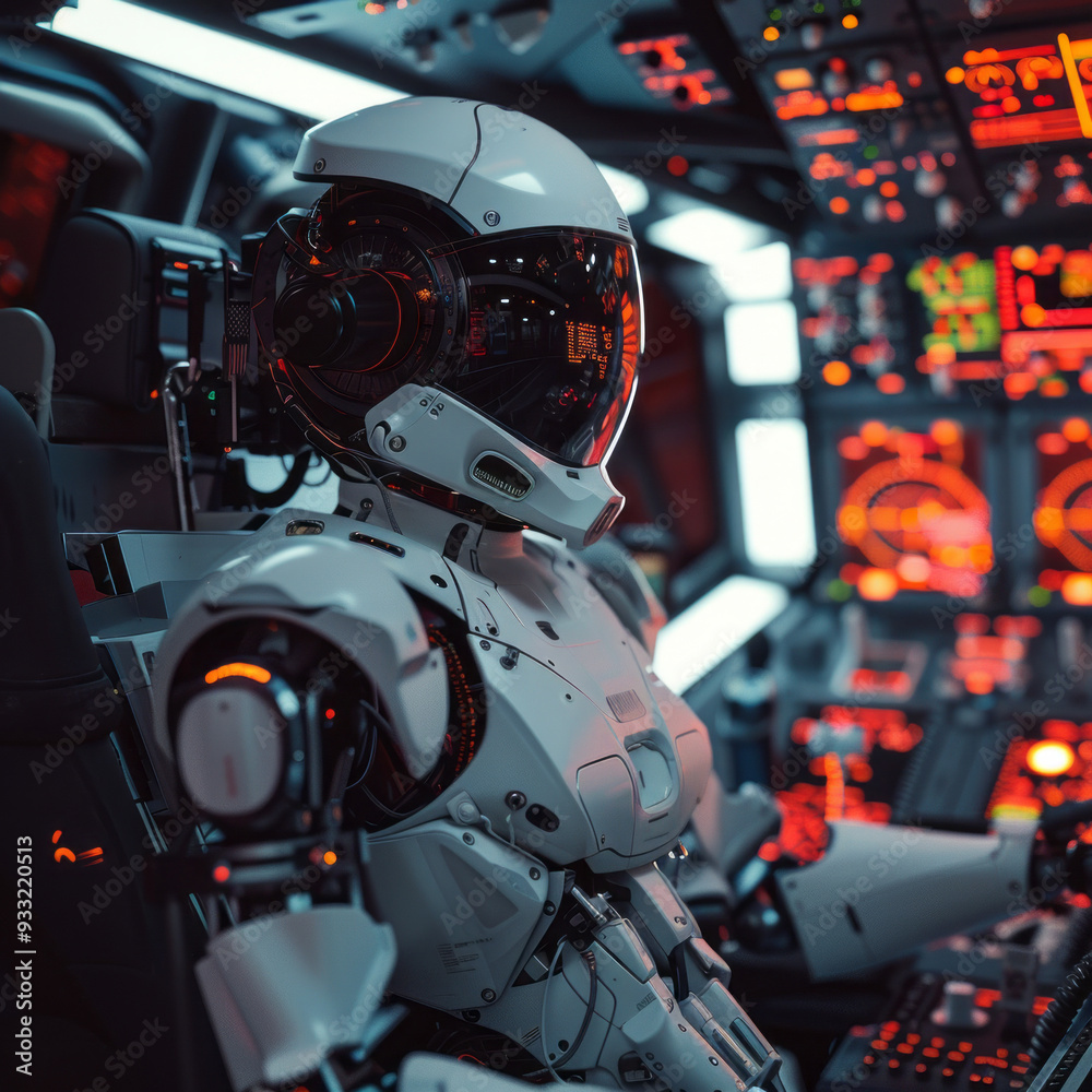 Poster A sleek robot pilot navigates a sophisticated cockpit filled with glowing controls and intricate digital displays