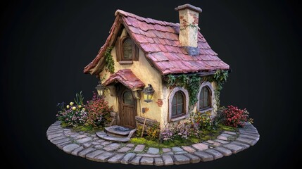 Fototapeta premium A charming cottage with a red tiled roof, stone pathway, and lush greenery.