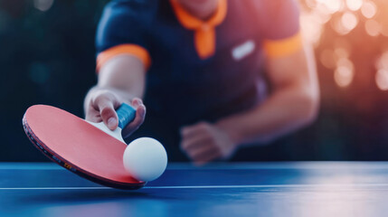 Close-up of table tennis player doing a serve, focus on the red racket and ball, with a blurred background.
