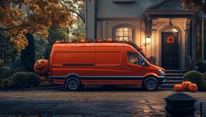 Orange Delivery Van Parked on Street in Front of a House with Halloween Decorations