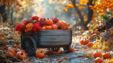 Rustic wooden cart overflowing with pumpkins and autumn flowers on a forest path