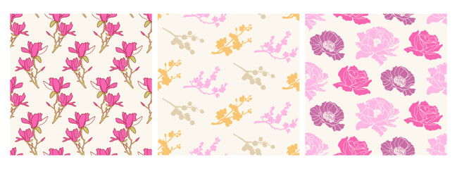 Floral Hand Drawn Flowers Seamless Patterns Set