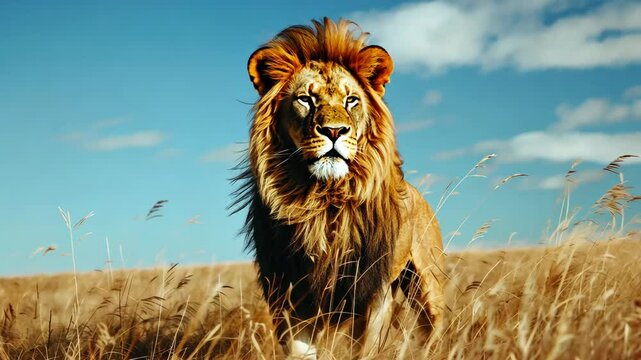 Lion walking through grass field. African savannah and wildlife concept. Ecosystem conservation.
