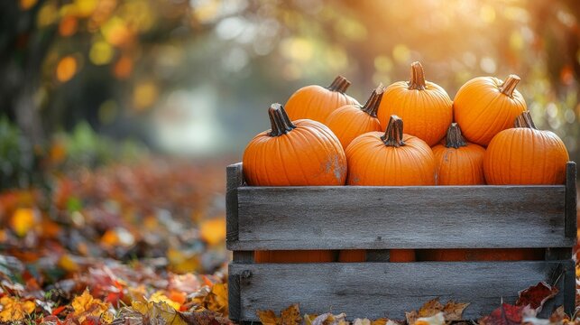 Rustic wooden cart filled with pumpkins among autumn leaves in a sunny outdoor setting