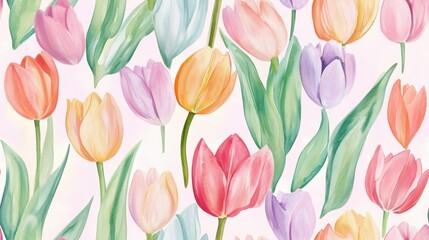 A vibrant pattern of colorful tulips in various shades, creating a cheerful and fresh spring atmosphere.