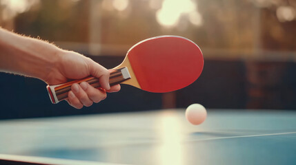 Close-up of table tennis player doing a serve, focus on the red racket and ball, with a blurred background.