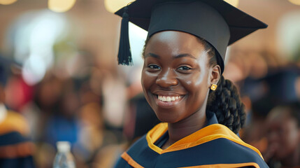 Smiling African American university graduate in graduation uniform and cap in conference hall at ceremony with classmates