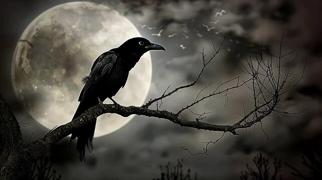 Creepy black crow croaking in misty dark forest on full moon night. Halloween landscape spooky and dark Crow on branch. Happy Halloween