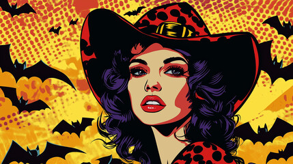 Pop art concept woman in halloween witch costumes. Bat background in pop art retro comic style. Halloween costume party poster background.
