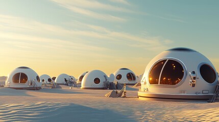 A digital illustration of a space colony on Mars complete with domes and rovers