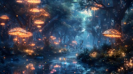 Fototapeta premium Enchanting Mystical Forest with Glowing Ethereal Creatures and Magical Atmosphere