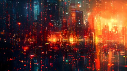 Obraz premium Dazzling Digital City Night with Glowing Lights and Reflective Urban Landscape