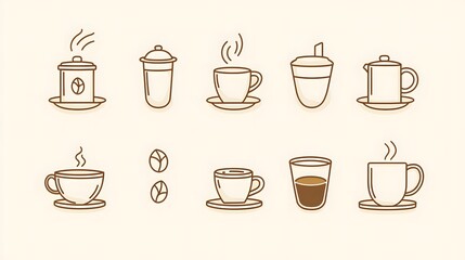 Minimalistic vector icons set featuring coffee and tea in pastel colors, including coffee cups, milk froth, cappuccino, latte, French press, coffee bean, and pot
