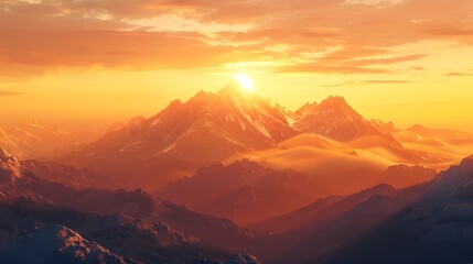 Majestic Mountain Landscape with Breathtaking Sunrise Scenery in Digital Art Concept